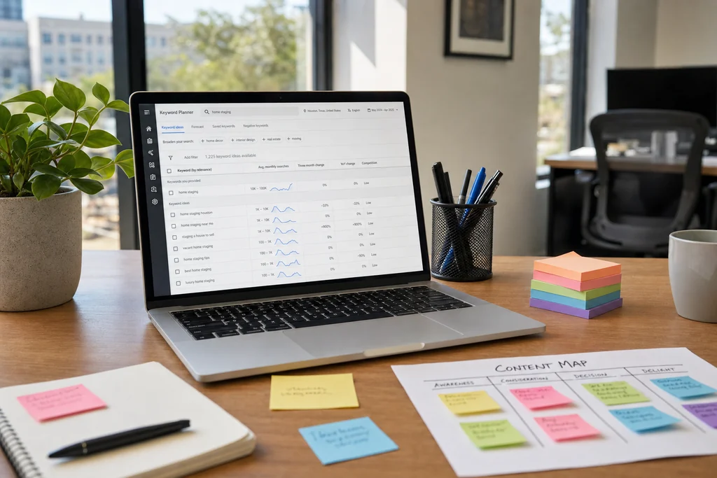 Keyword research workspace for the League City market