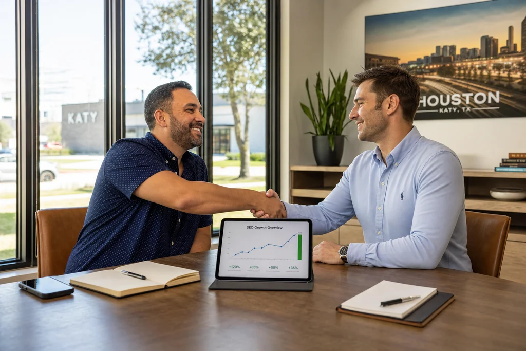 League City business owner meeting with an SEO consultant