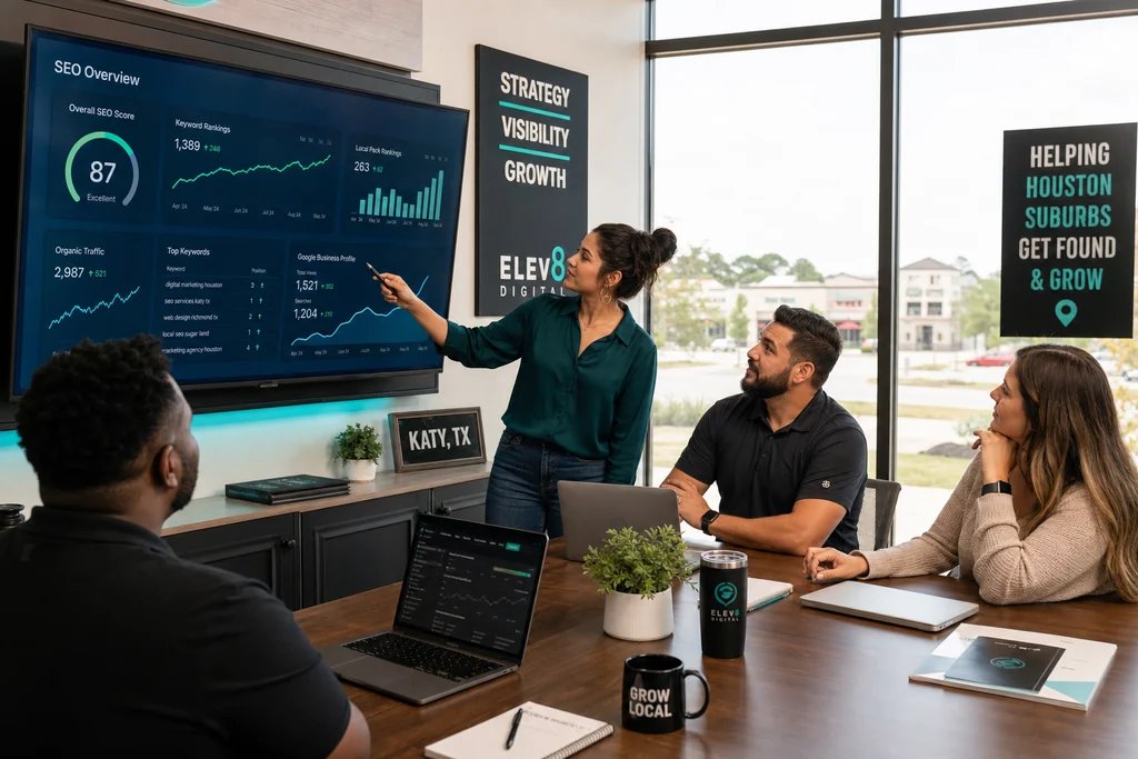 SEO strategists planning a Pearland local search campaign