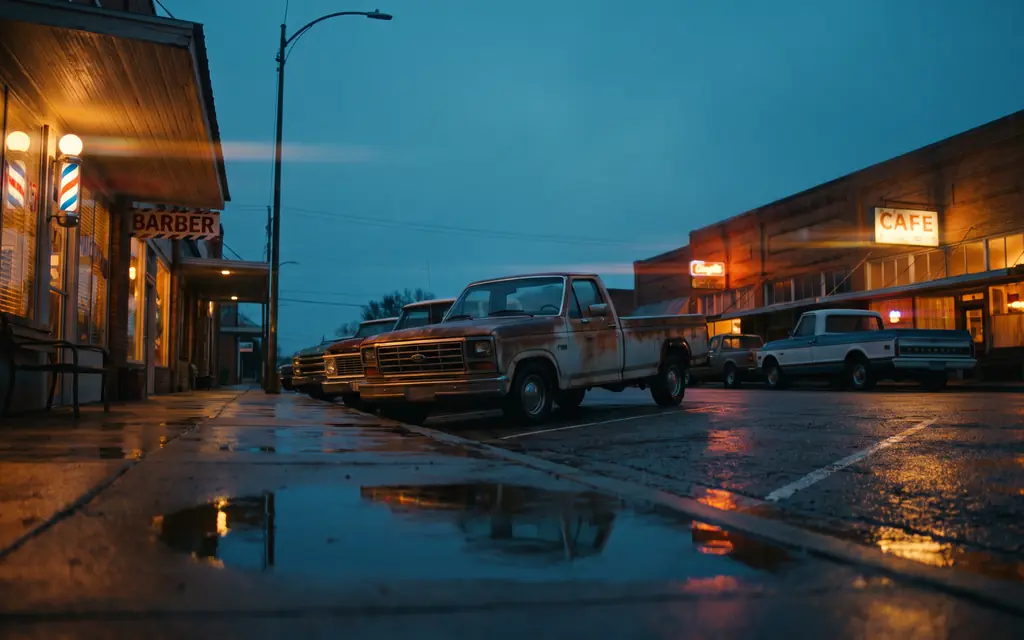 Small-town Texas main street at blue hour with lit storefronts