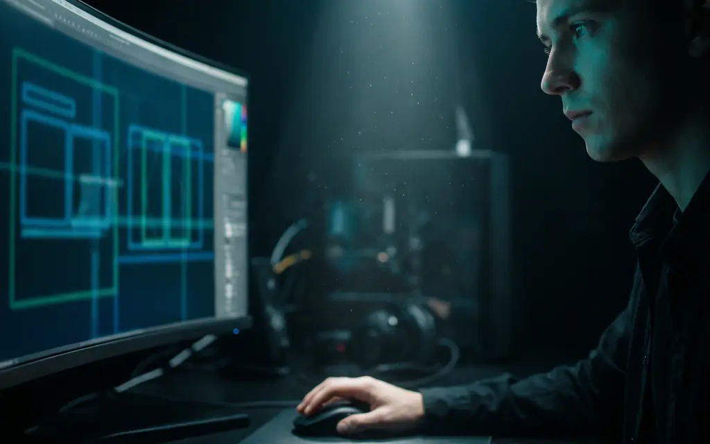 Designer optimizing a web page layout on a large monitor in a dark studio