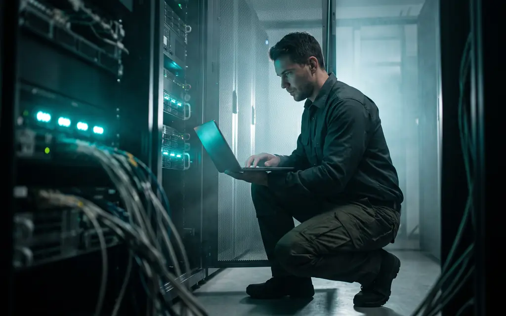 Technician auditing servers with a laptop in a dark data centre