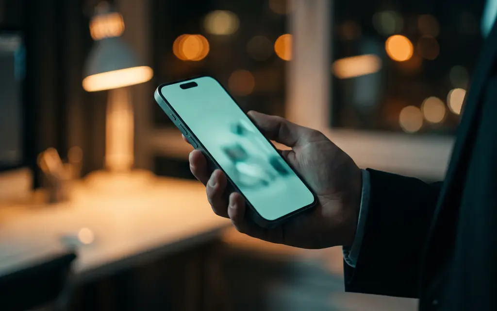 Person reading a website on a smartphone in a dim office at night