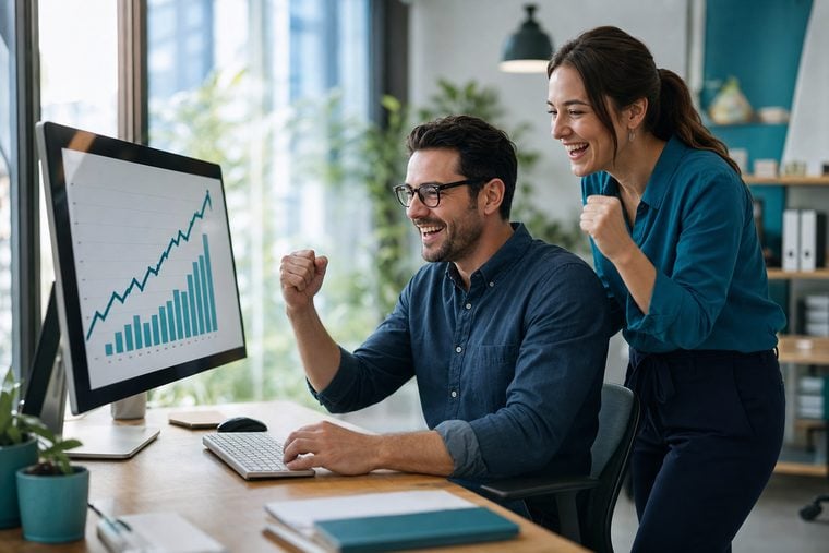 Business team celebrating rising revenue on a monitor