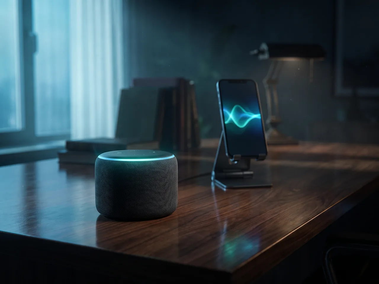 Smart speaker and phone showing a voice waveform on a dark desk, illustrating voice search optimization