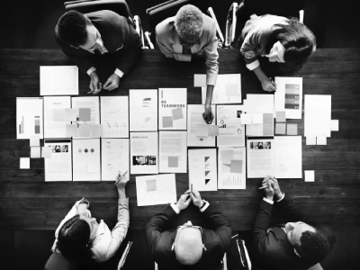 A top-down view of a dedicated team collaborating over a table full of documents, embodying our mission and showcasing the dedication and teamwork of our team.