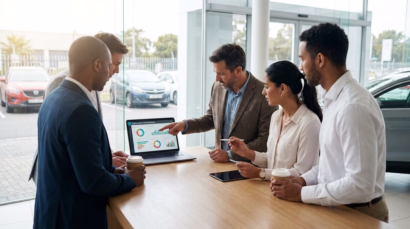 automotive digital marketing agency 1 Automotive dealership team reviewing digital marketing dashboard on laptop