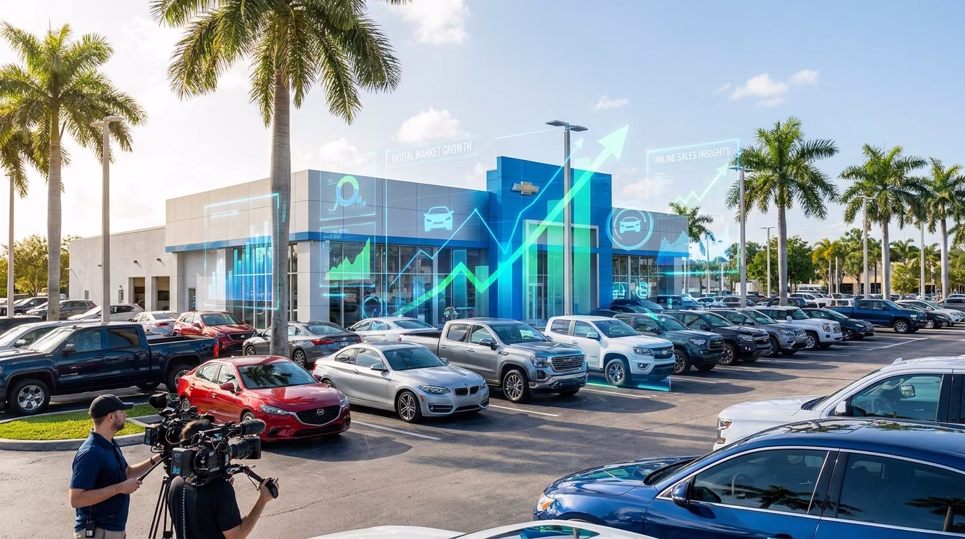 Automotive Digital Marketing Agency Miramar FL | Actual SEO Media 1 Miramar automotive dealership lot with digital marketing overlay graphics