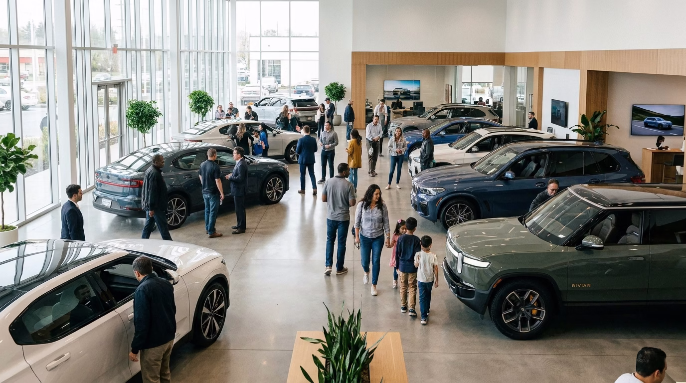 automotive seo company 1 automotive dealership showroom with customers browsing vehicles