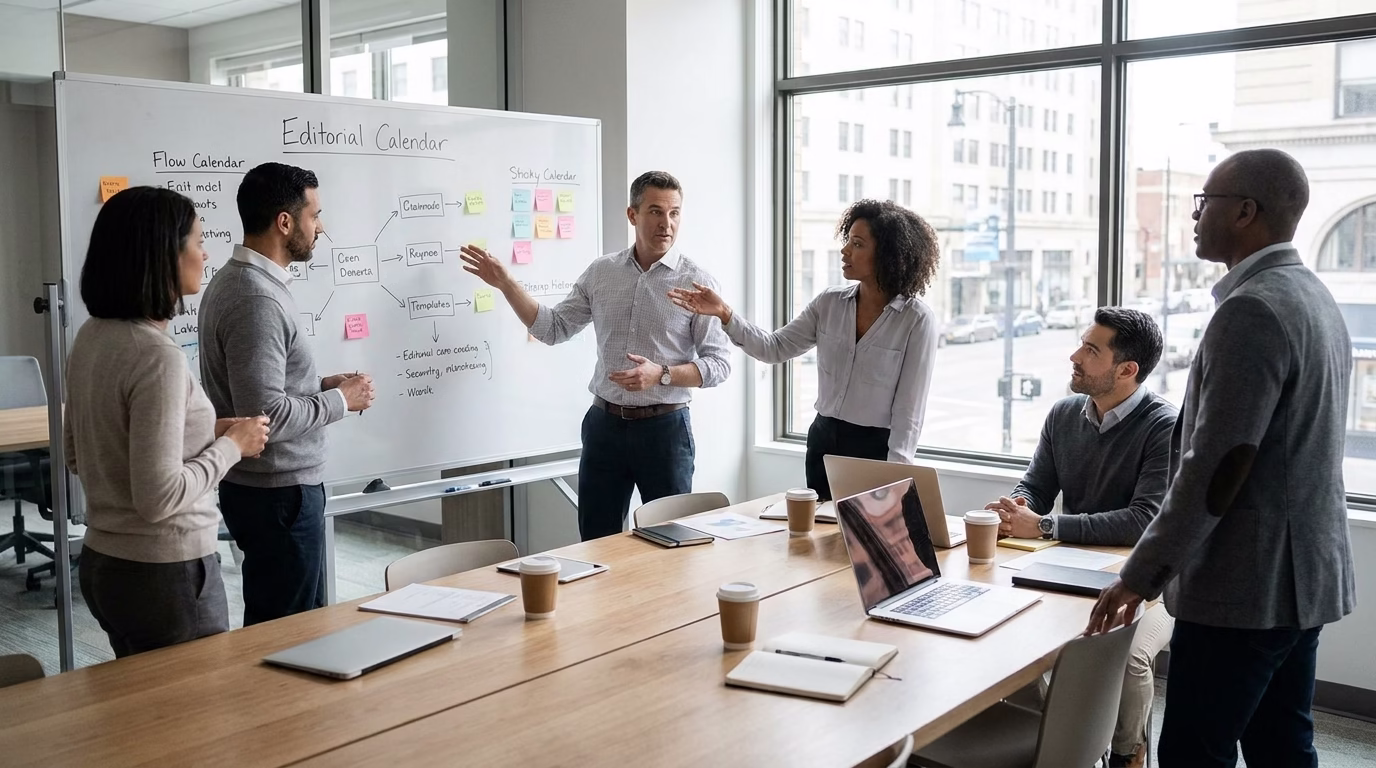 content marketing agency 1 Team meeting at a content marketing agency planning editorial calendar on a whiteboard