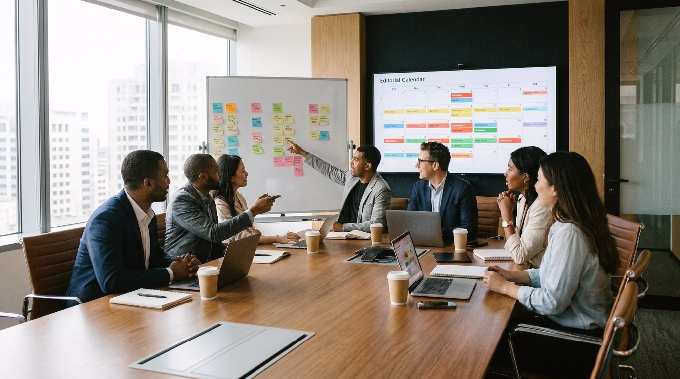 content marketing agency 1 Team of content strategists planning editorial calendar at conference table