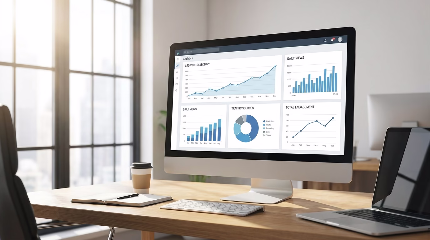 content marketing agency 2 analytics dashboard showing content performance metrics and growth charts