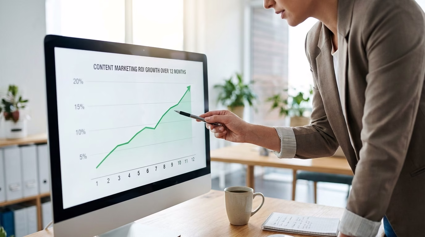 content marketing agency 2 Graph showing content marketing ROI growth over twelve months with upward trending line