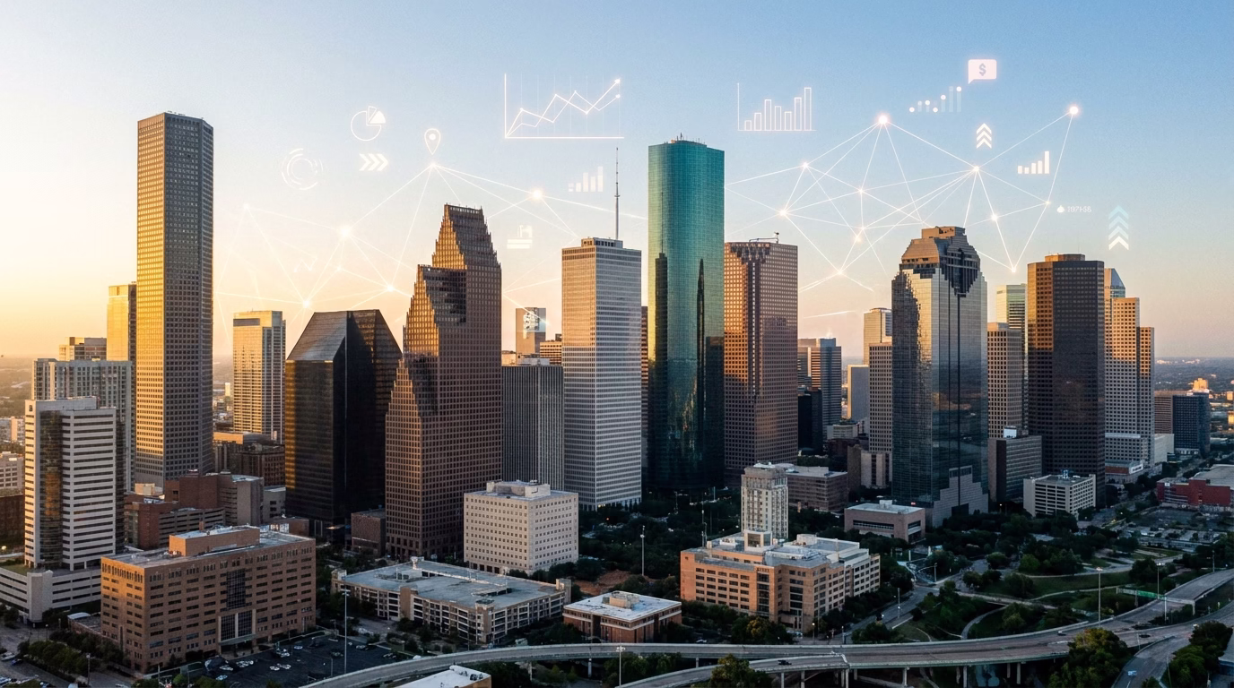 content marketing agency houston 1 Houston downtown skyline with digital marketing overlay graphics