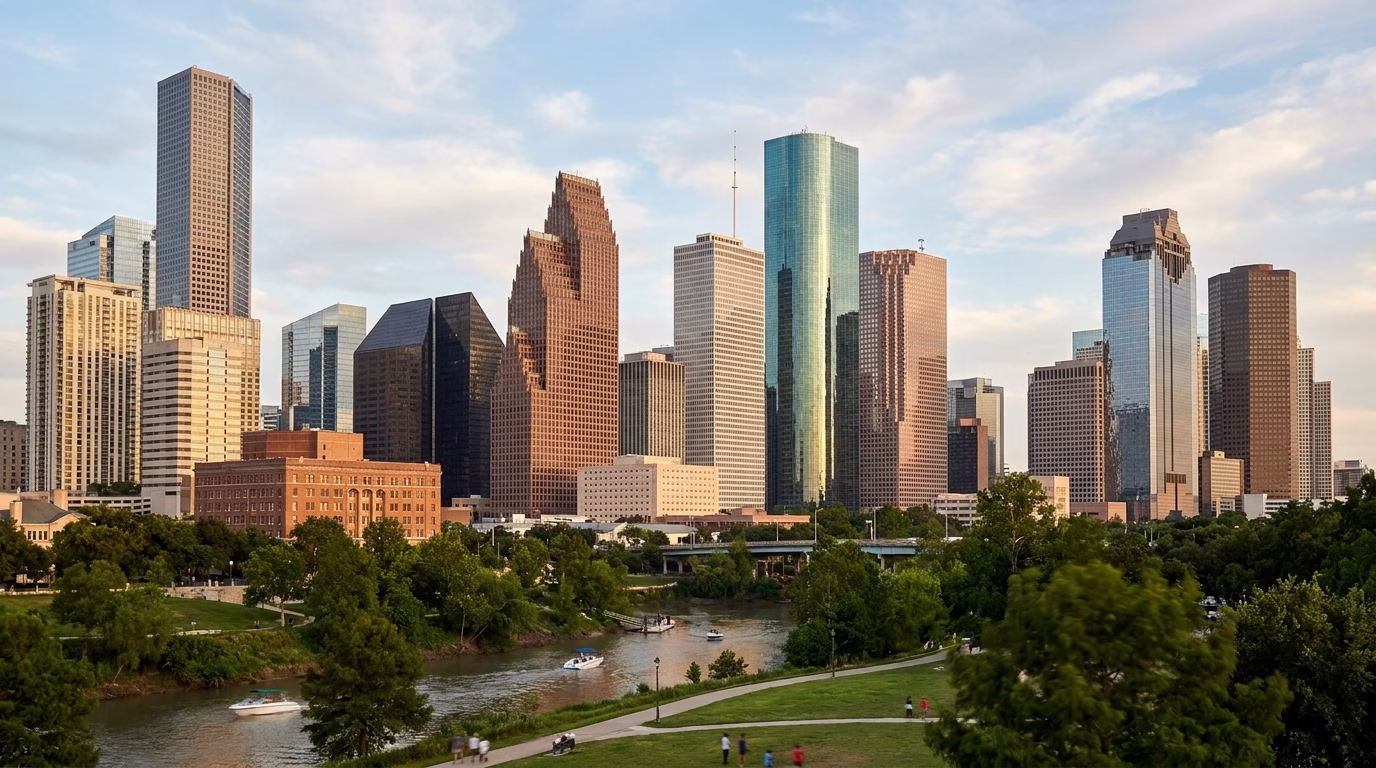 Houston skyline with office buildings representing diverse industries served by content marketing agencies