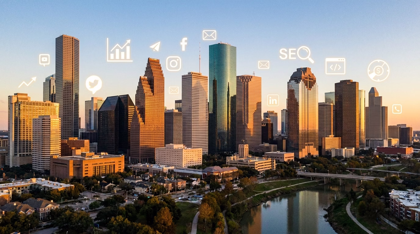 Houston skyline at sunset with digital marketing icons overlayed