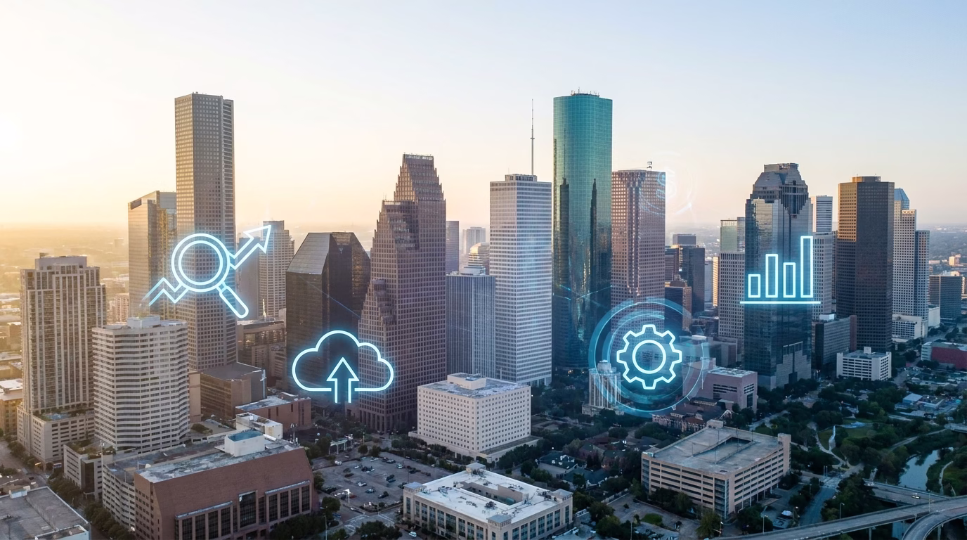 Houston skyline with digital marketing icons overlay