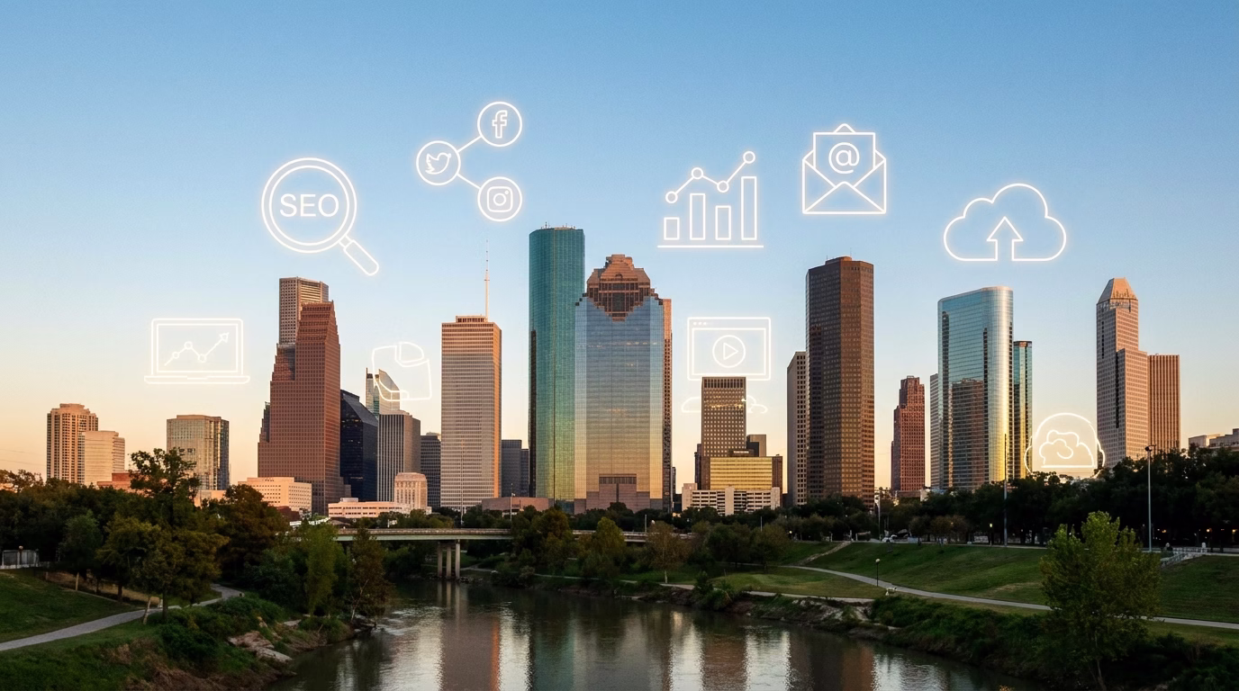 digital marketing agency houston 1 Houston skyline with digital marketing icons overlay