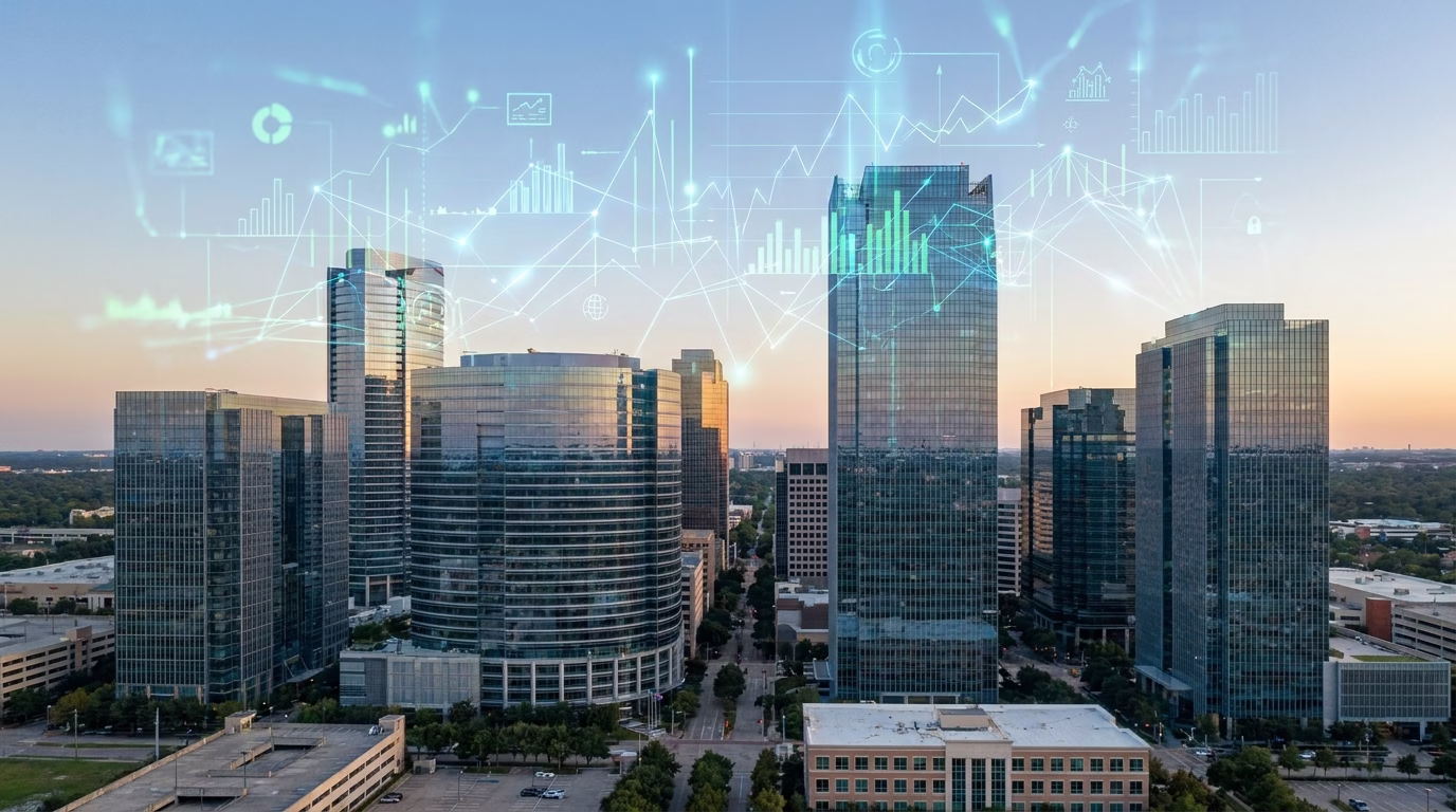 digital marketing sugar land 1 Sugar Land business district skyline with digital marketing overlay graphics