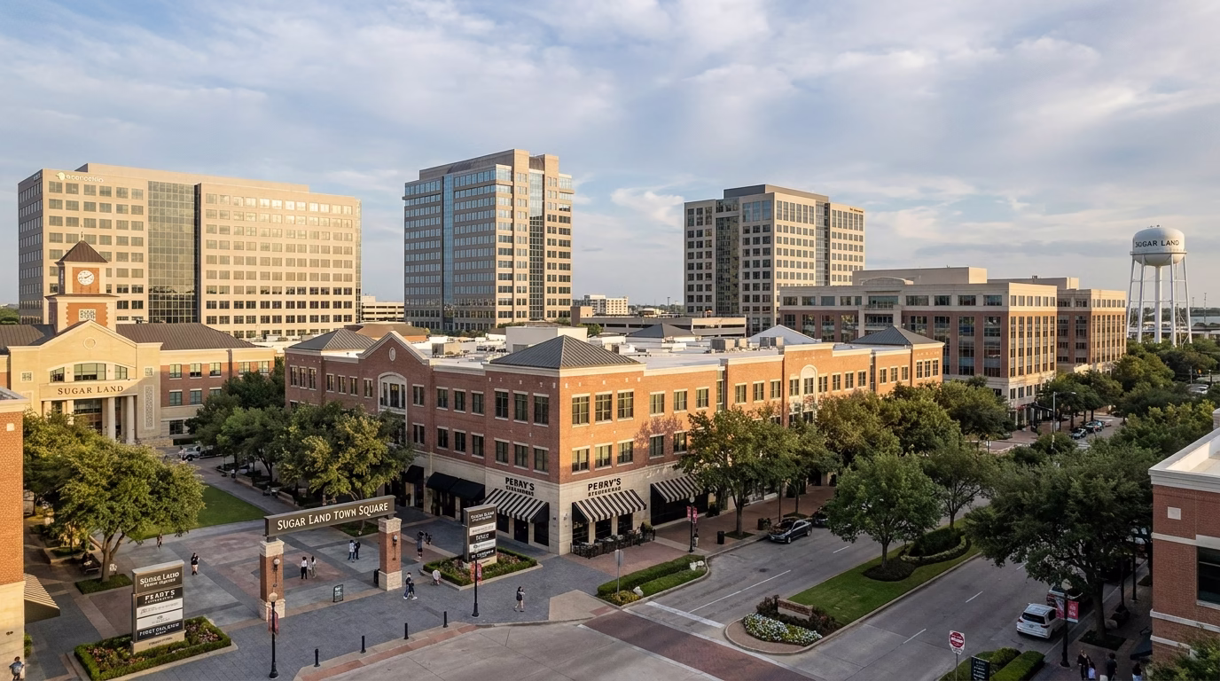 digital marketing sugar land 1 Sugar Land Texas downtown skyline with local businesses visible