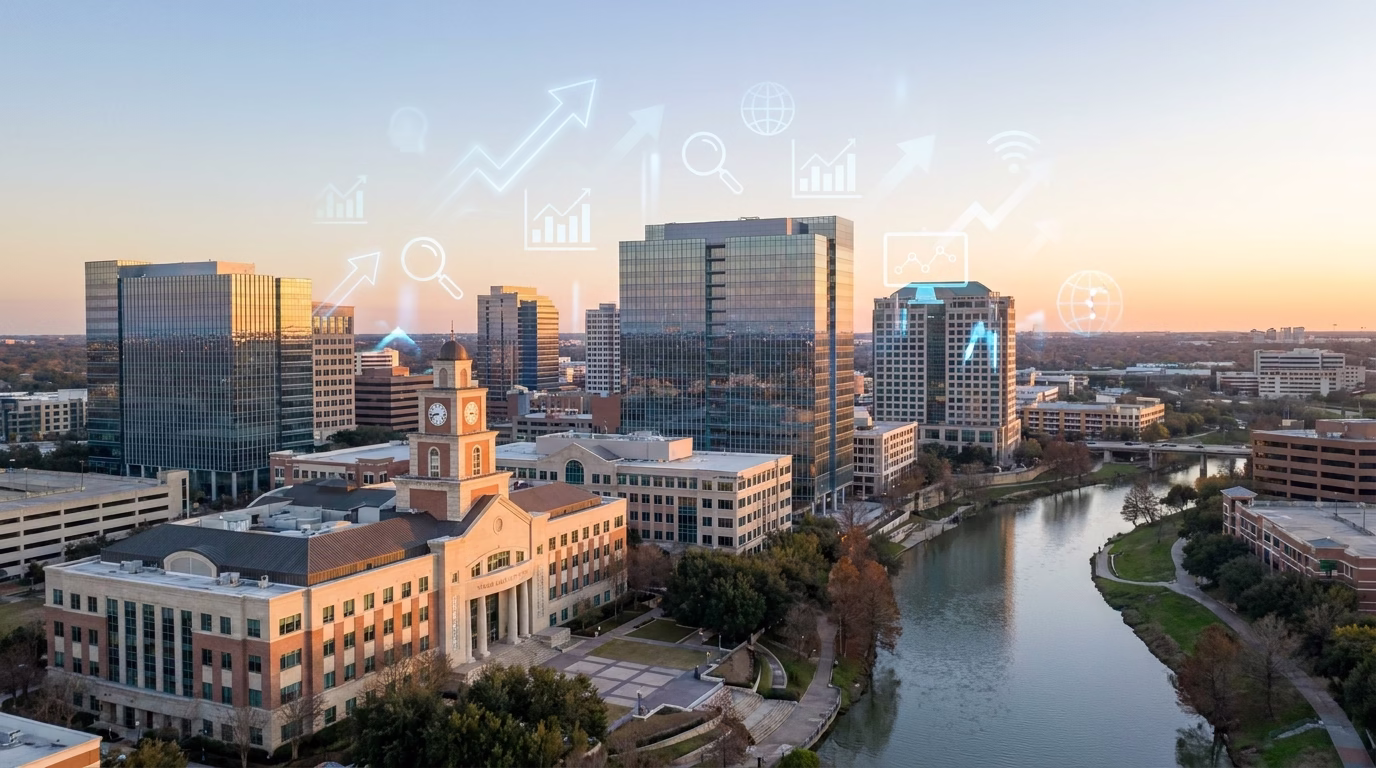 digital marketing sugar land 1 Sugar Land Texas downtown skyline with digital marketing icons overlay