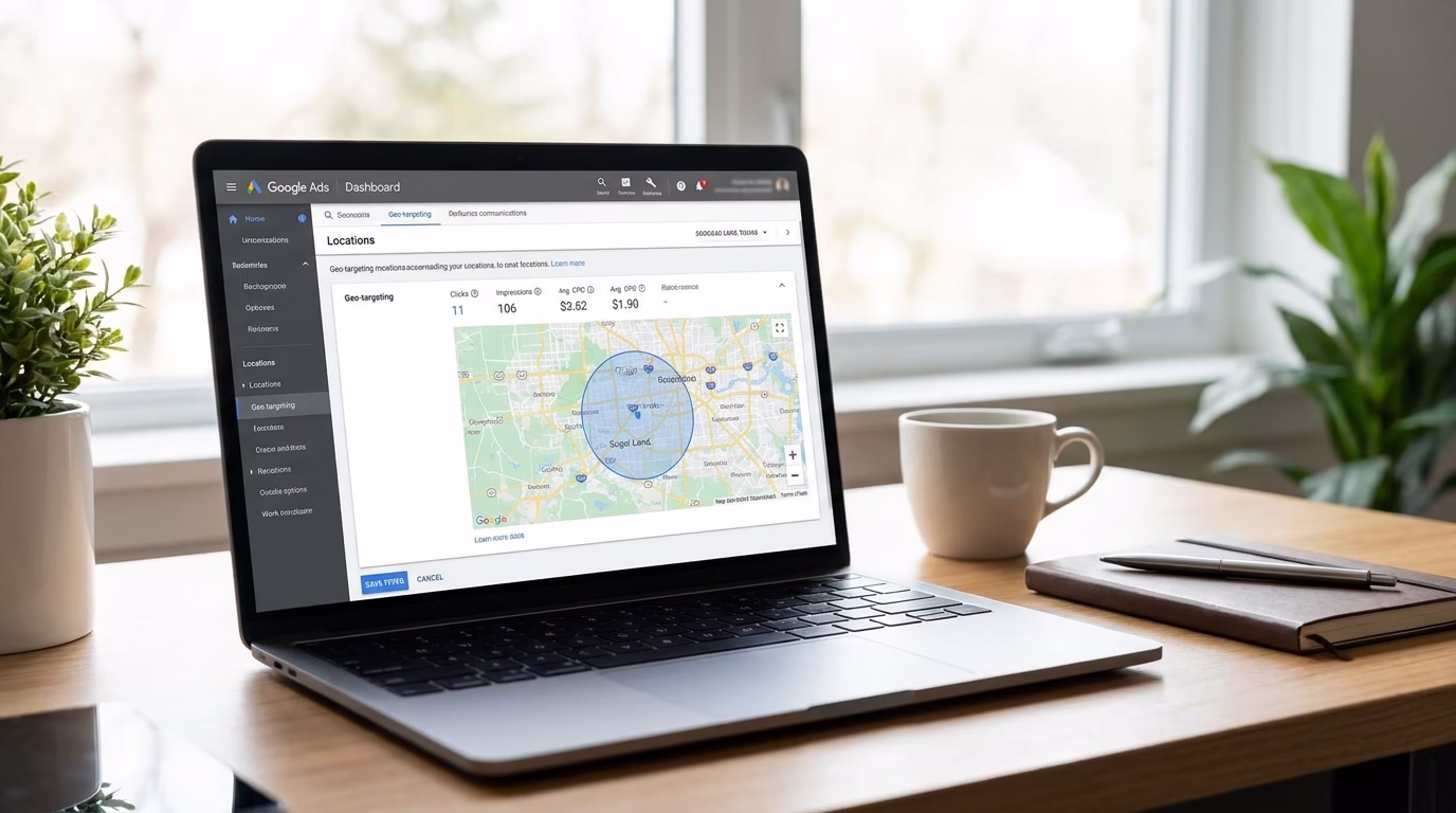 digital marketing sugar land 2 Google Ads dashboard showing Sugar Land geo-targeting settings