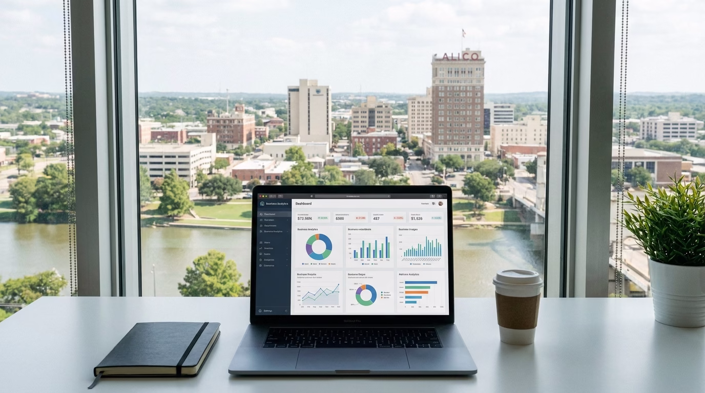 digital marketing waco tx 1 Waco downtown skyline with laptop showing analytics dashboard