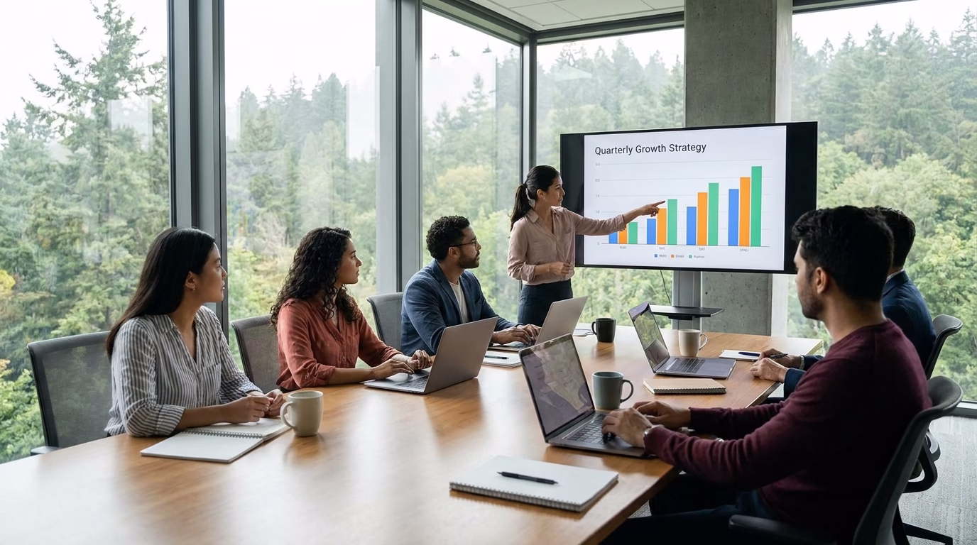 Digital marketing strategy session in modern Woodlands office setting