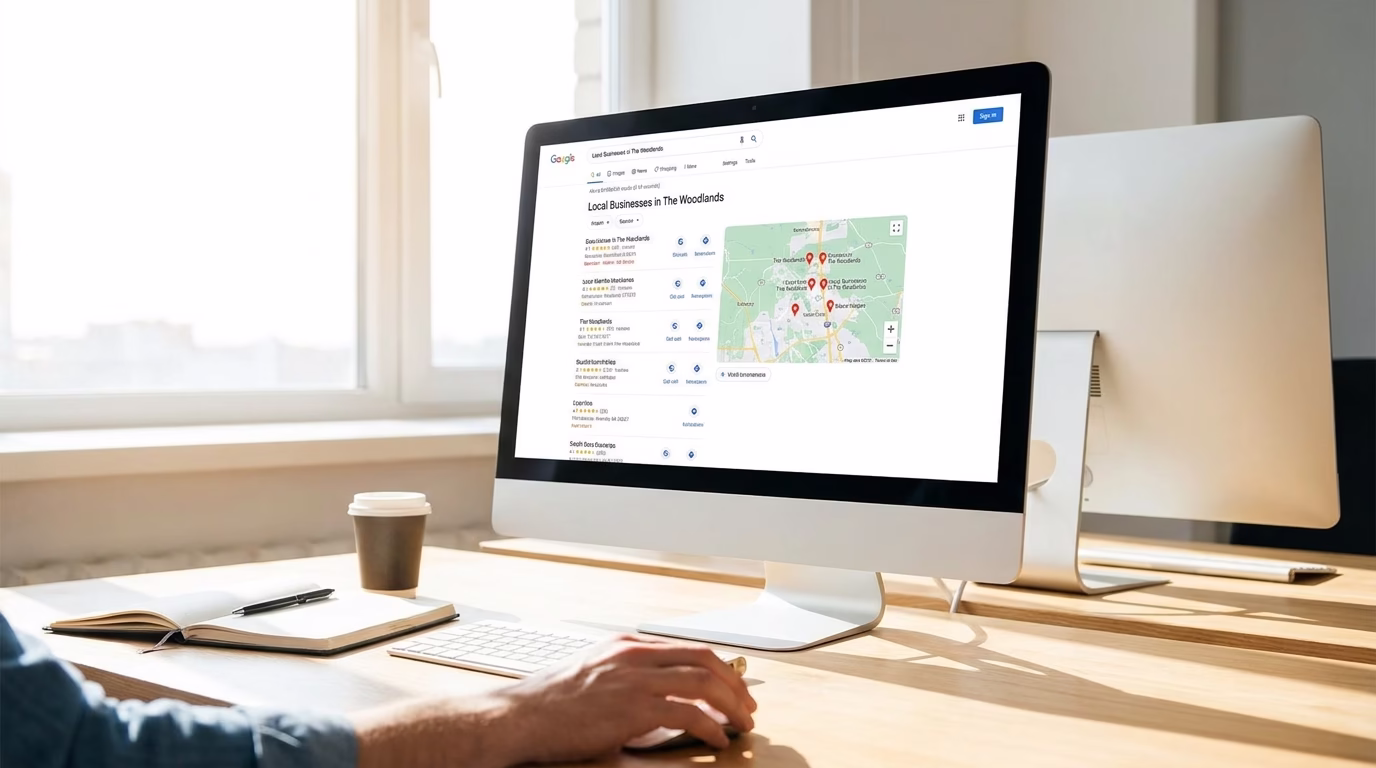 Local search results showing map pack for Woodlands businesses