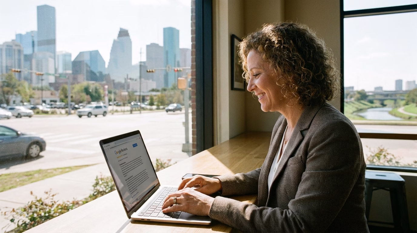 google reviews management houston 1 Houston business owner responding to Google reviews on laptop