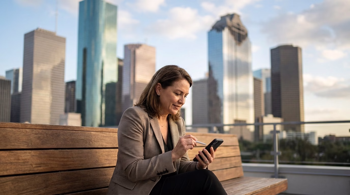 google reviews management houston 1 Houston business owner responding to Google reviews on smartphone with skyline in background