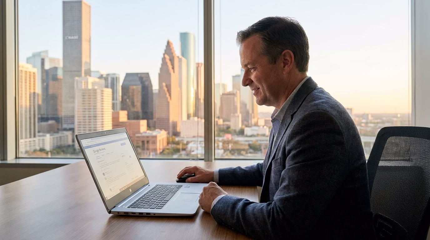 google reviews management houston 1 Houston business owner responding to Google reviews on laptop with city skyline background