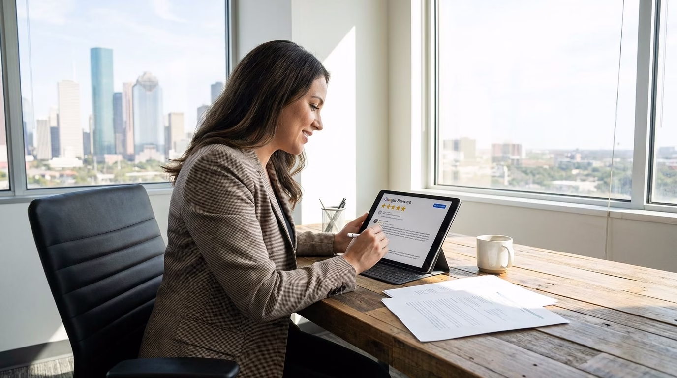 google reviews management houston 1 Houston business owner reviewing Google reviews on tablet in office