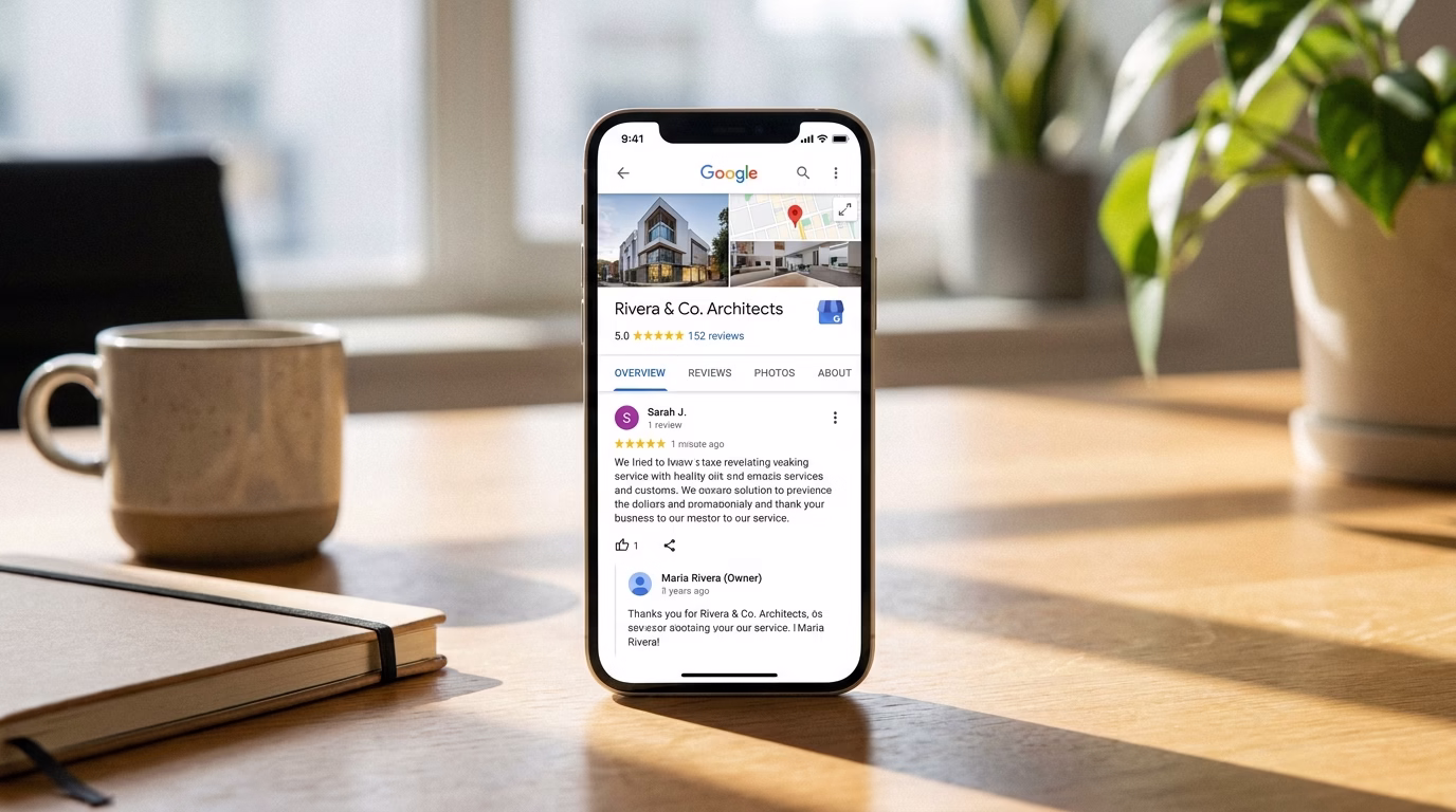 google reviews management houston 2 Smartphone displaying Google Business Profile with five-star reviews and response from business owner