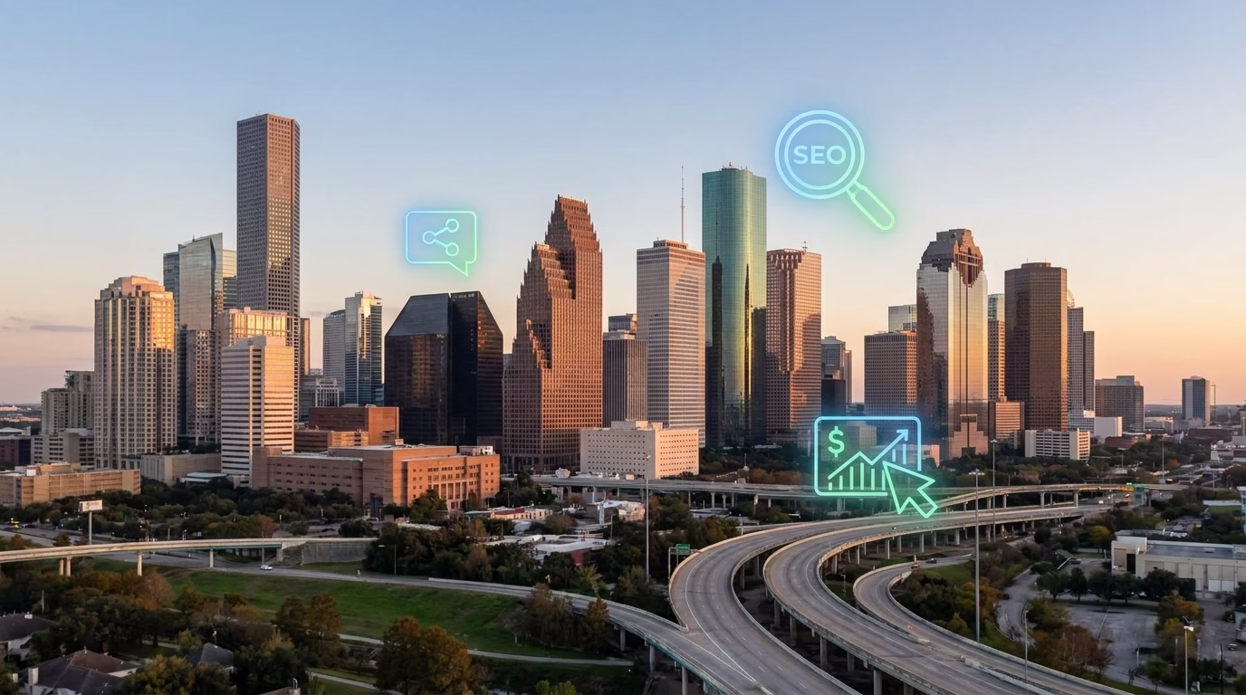 houston digital marketing 1 Houston skyline with digital marketing icons overlay showing SEO, social media, and PPC elements