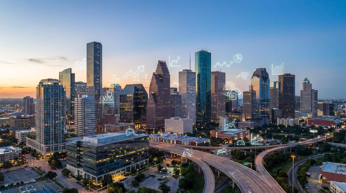 houston digital marketing 1 Houston skyline at dusk with digital marketing icons overlaid