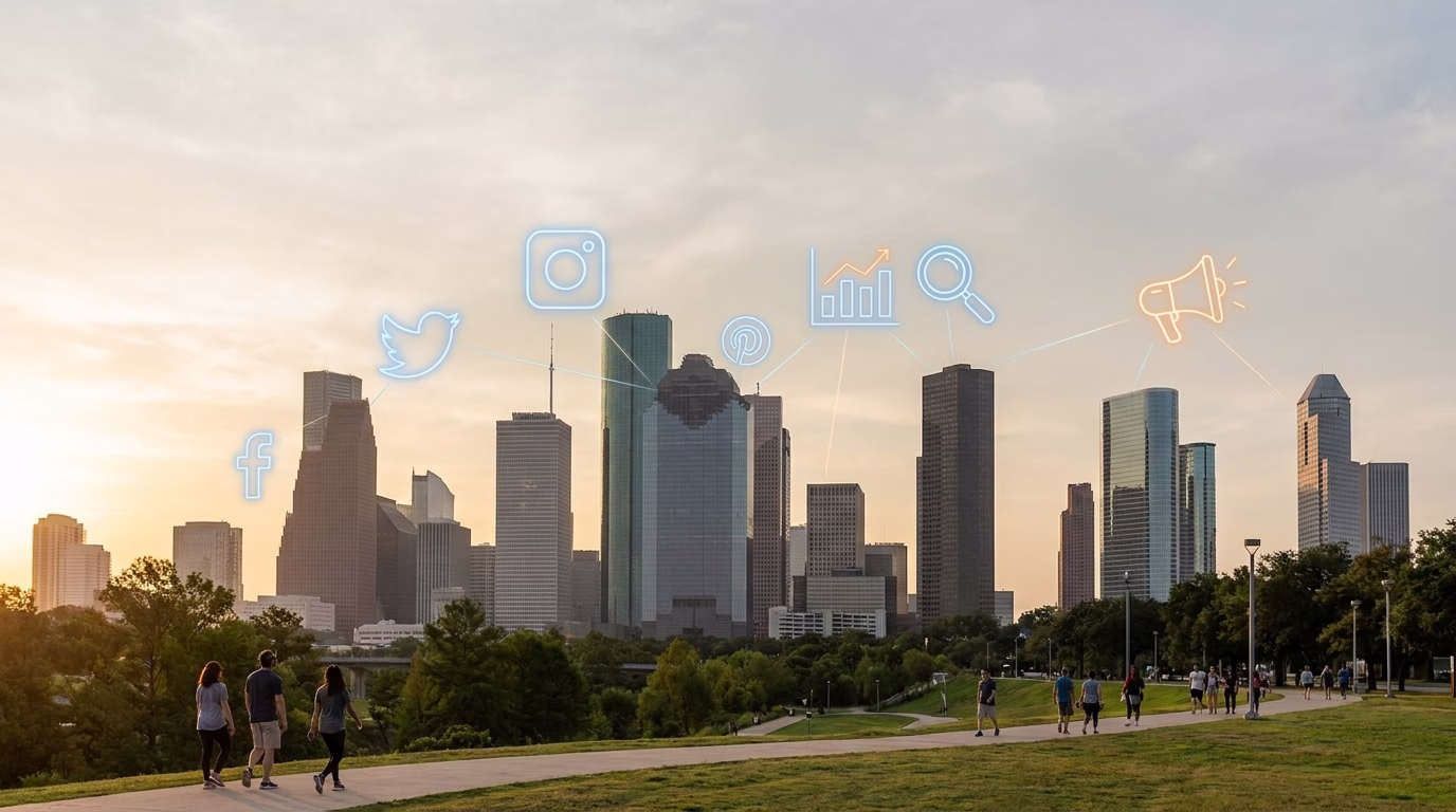 houston seo company 1 Houston downtown skyline with digital marketing icons overlay