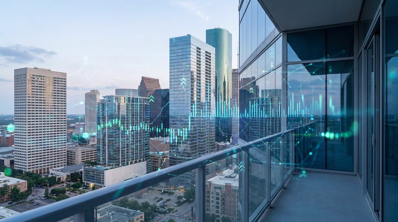 houston seo 1 Houston skyline with digital marketing graphics overlay
