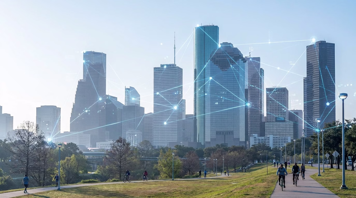 houston seo services 1 Houston downtown skyline with digital network overlay representing SEO connections