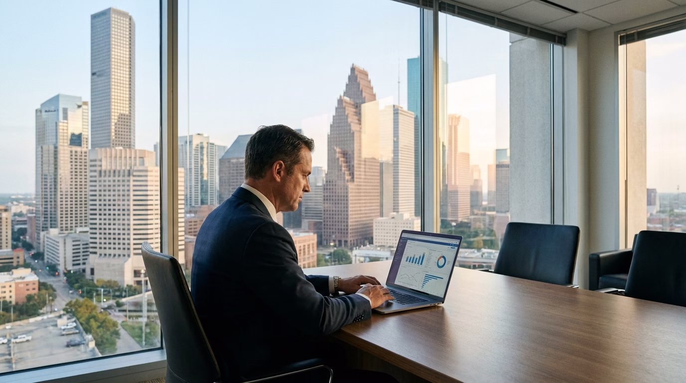 law firm seo houston 1 Houston skyline with lawyer reviewing analytics on laptop in modern office