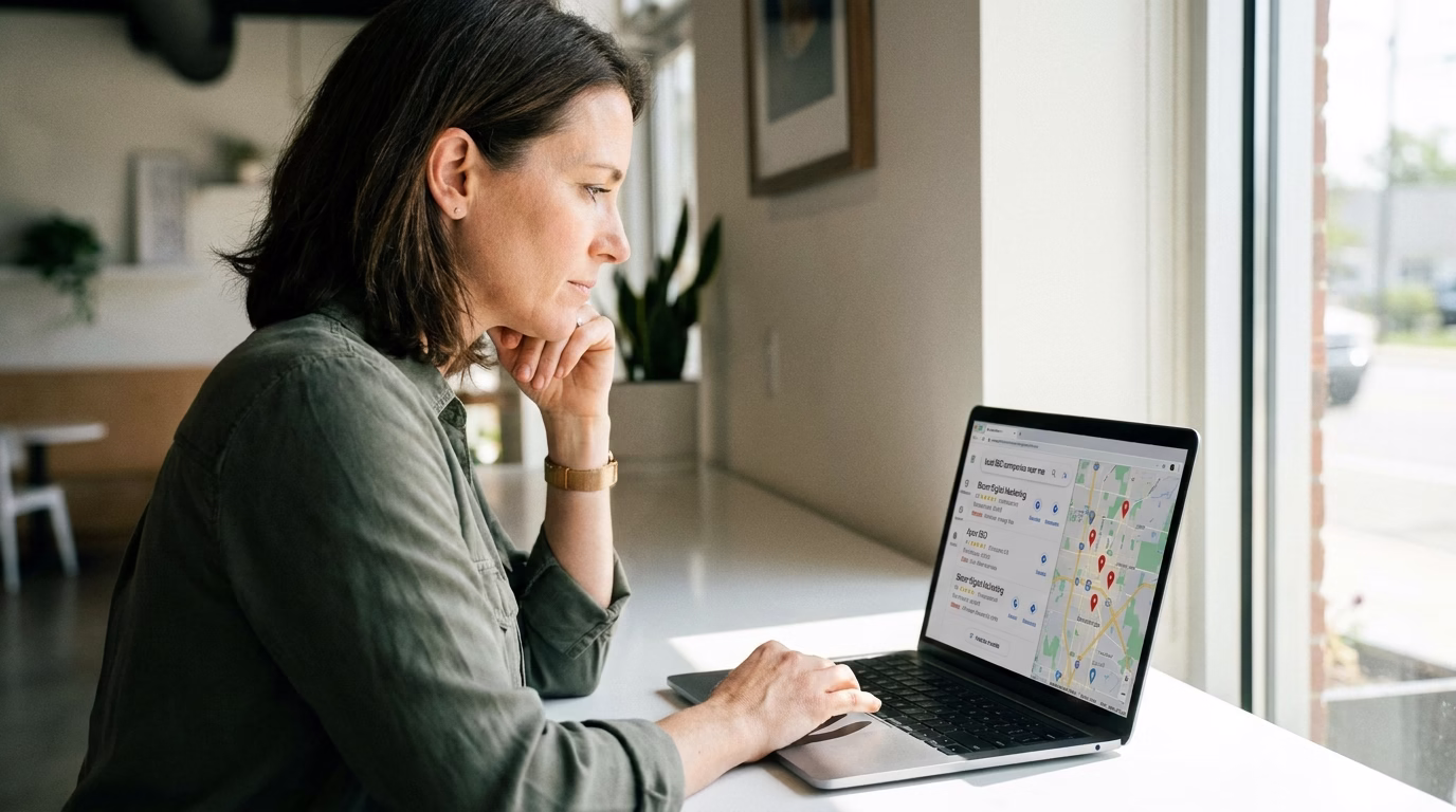 local seo companies near me 1 business owner searching for local SEO companies on laptop with map results visible