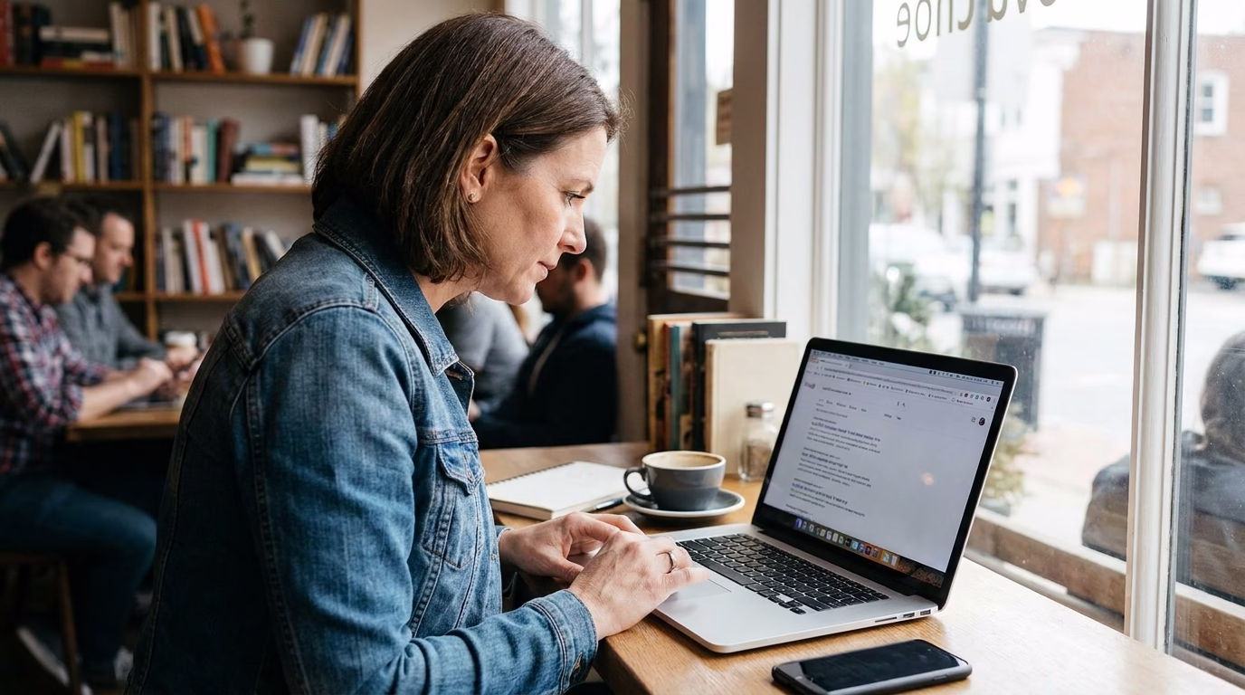 local seo companies near me 1 Small business owner searching for local SEO companies on laptop in coffee shop