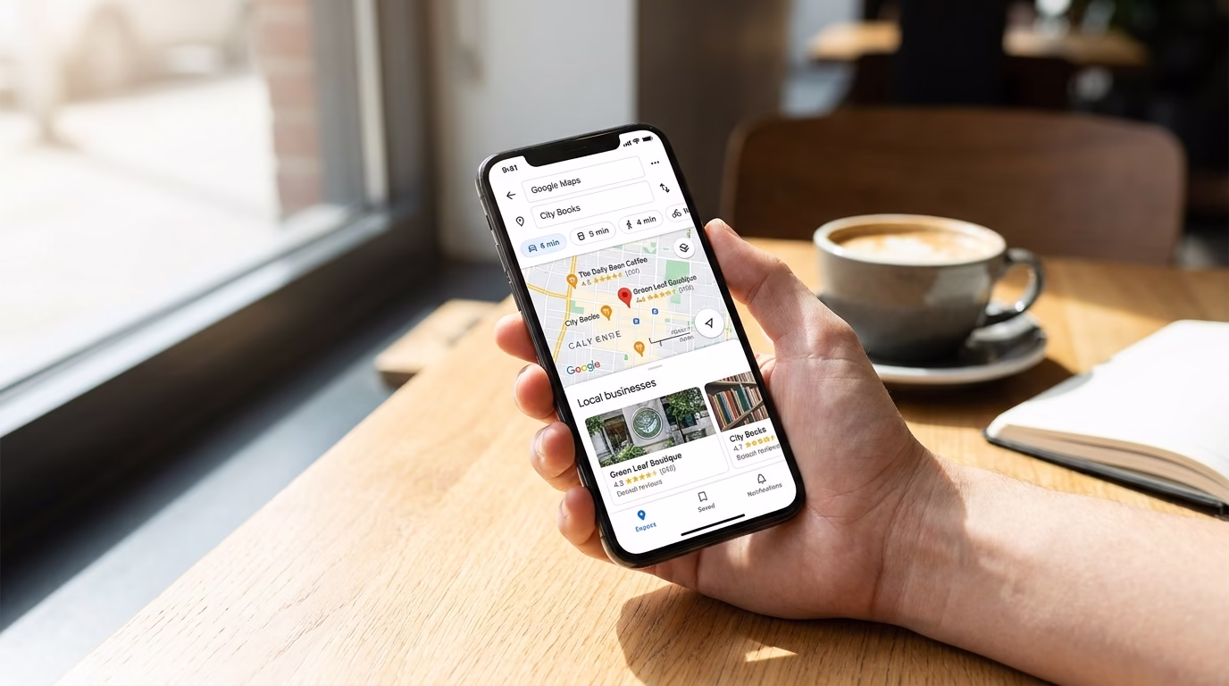 local seo companies near me 2 smartphone displaying Google Maps with local business listings and star ratings
