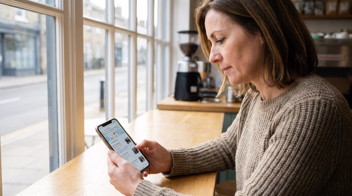 local seo services 1 Business owner checking local search rankings on smartphone with Google Maps visible