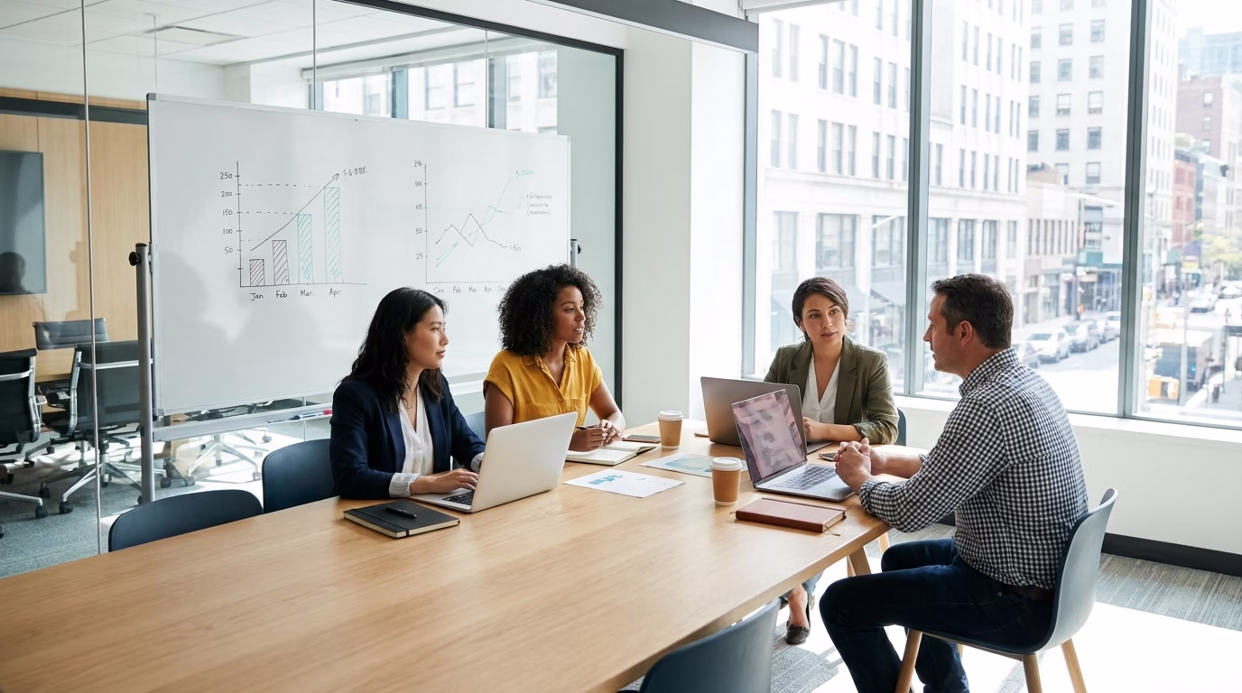 local marketing agency team meeting with small business owner in modern office