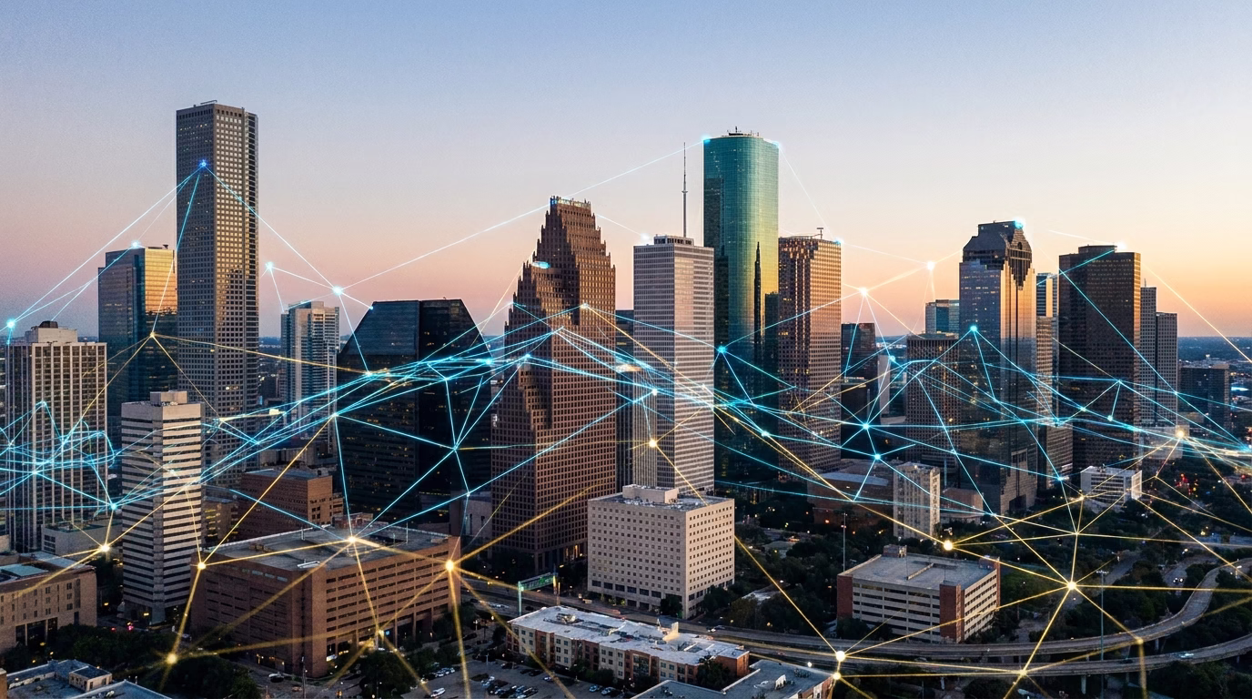 online reputation management houston 1 Houston skyline with digital network overlay representing online reputation