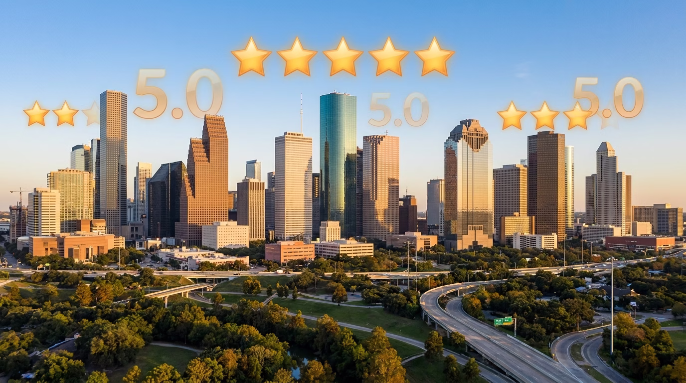 online reputation management houston 1 Houston skyline with overlay of five-star review graphics