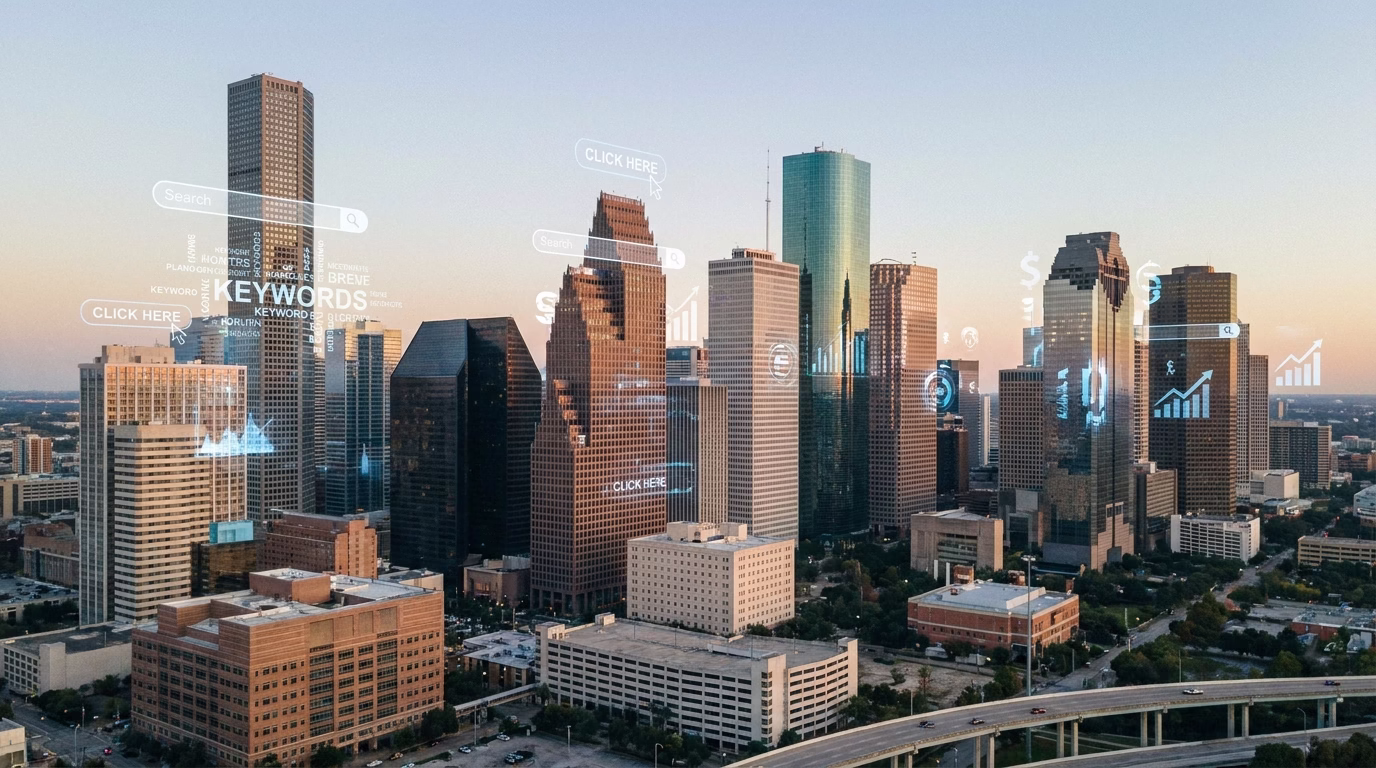 ppc management houston tx 1 Houston downtown skyline with digital advertising overlay representing PPC campaigns