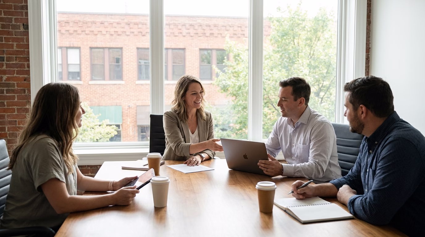 seo agency near me 1 Small business owner meeting with SEO agency team in local office setting