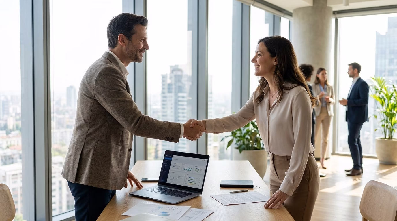 seo agency near me 1 Business owner shaking hands with SEO consultant in modern office